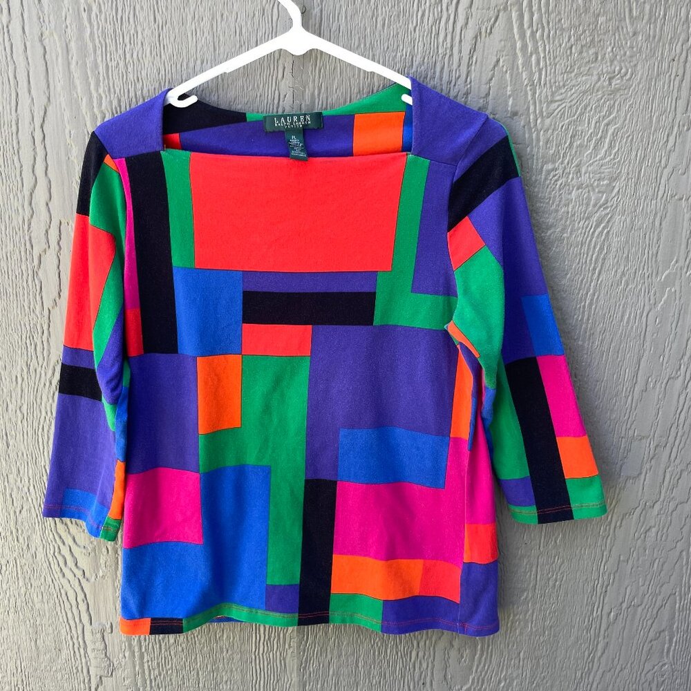 Lauren Ralph Lauren Women’s Size PL Top Colorblock 3/4 Sleeve Artsy Colorful
